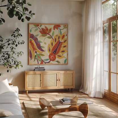 Two Step Spice and Purple v2 Crop by Albena Hristova. Shown in a natural wood frame in a cozy modern living room. Available as an archival giclee rolled canvas, fine art paper, or poster print. SKU 43119a.