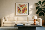 Two Step Spice and Purple v2 Crop by Albena Hristova. Displayed in a glass frame with matte in a clean modern living room. Available as an archival giclee rolled canvas, fine art paper, or poster print. SKU 43119a.