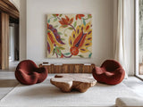 Two Step Spice and Purple v2 Crop by Albena Hristova. Shown as extra-large giant wall art in a modern living room. Available as an archival giclee rolled canvas, fine art paper, or poster print. SKU 43119a.