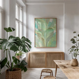 Under the Palms I by Albena Hristova. shown as a print in a natural wood frame in a dining room. Available as a archival giclee rolled canvas, fine art paper, or poster print. SKU 38263h.