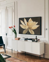 Unfolding by Albena Hristova. shown as a framed stretched canvas in a living room above a console. Available as a archival giclee rolled canvas, fine art paper, or poster print. SKU 7797i.