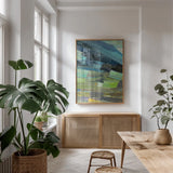 View of the Coast I by Albena Hristova. shown as a print in a natural wood frame in a dining room. Available as a archival giclee rolled canvas, fine art paper, or poster print. SKU 27261h.