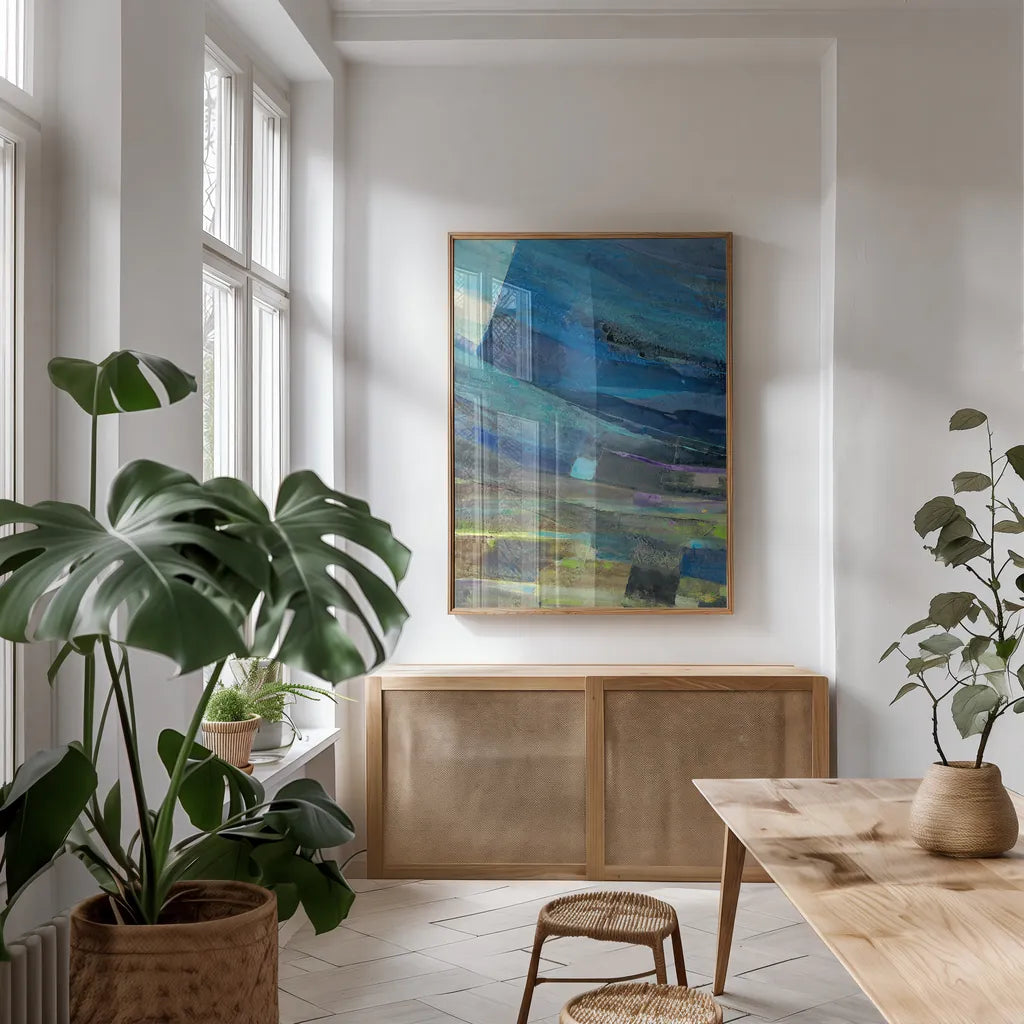 View of the Coast II by Albena Hristova. shown as a print in a natural wood frame in a dining room. Available as a archival giclee rolled canvas, fine art paper, or poster print. SKU 27262h.