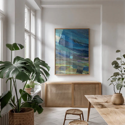 View of the Coast II by Albena Hristova. shown as a print in a natural wood frame in a dining room. Available as a archival giclee rolled canvas, fine art paper, or poster print. SKU 27262h.