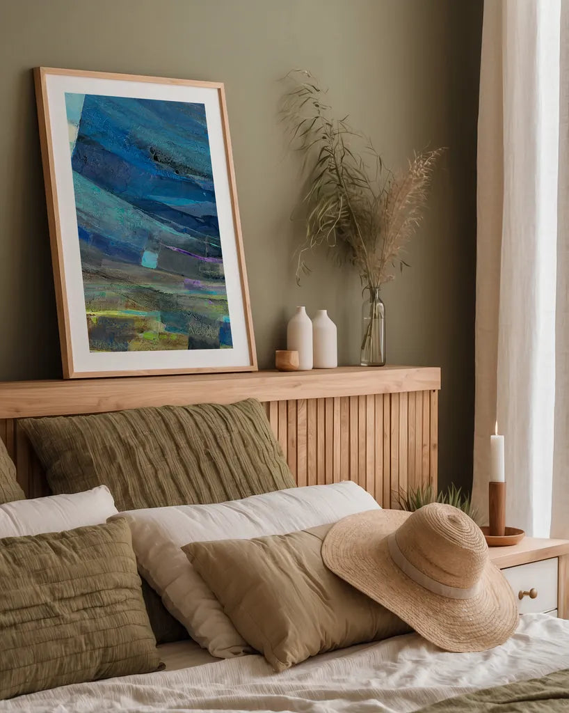 View of the Coast II by Albena Hristova. shown as a paper print in a natural frame. Available as a archival giclee rolled canvas, fine art paper, or poster print. SKU 27262h.