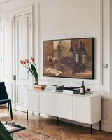Vintage Wine by Albena Hristova. shown as a framed stretched canvas in a living room above a console. Available as a archival giclee rolled canvas, fine art paper, or poster print. SKU 6367i.