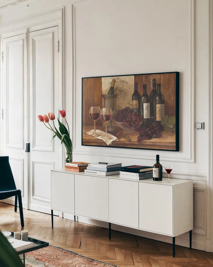 Vintage Wine by Albena Hristova. shown as a framed stretched canvas in a living room above a console. Available as a archival giclee rolled canvas, fine art paper, or poster print. SKU 6367i.