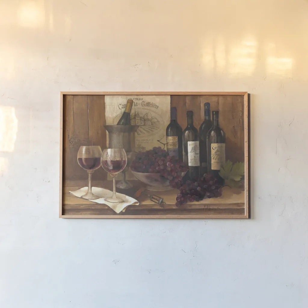 Vintage Wine by Albena Hristova. shown as a paper print in a natural frame. Available as a archival giclee rolled canvas, fine art paper, or poster print. SKU 6367i.