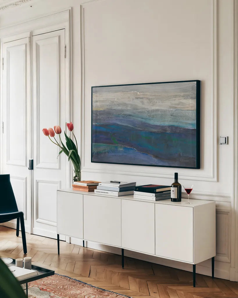 Vista by Albena Hristova. shown as a framed stretched canvas in a living room above a console. Available as a archival giclee rolled canvas, fine art paper, or poster print. SKU 77987i.