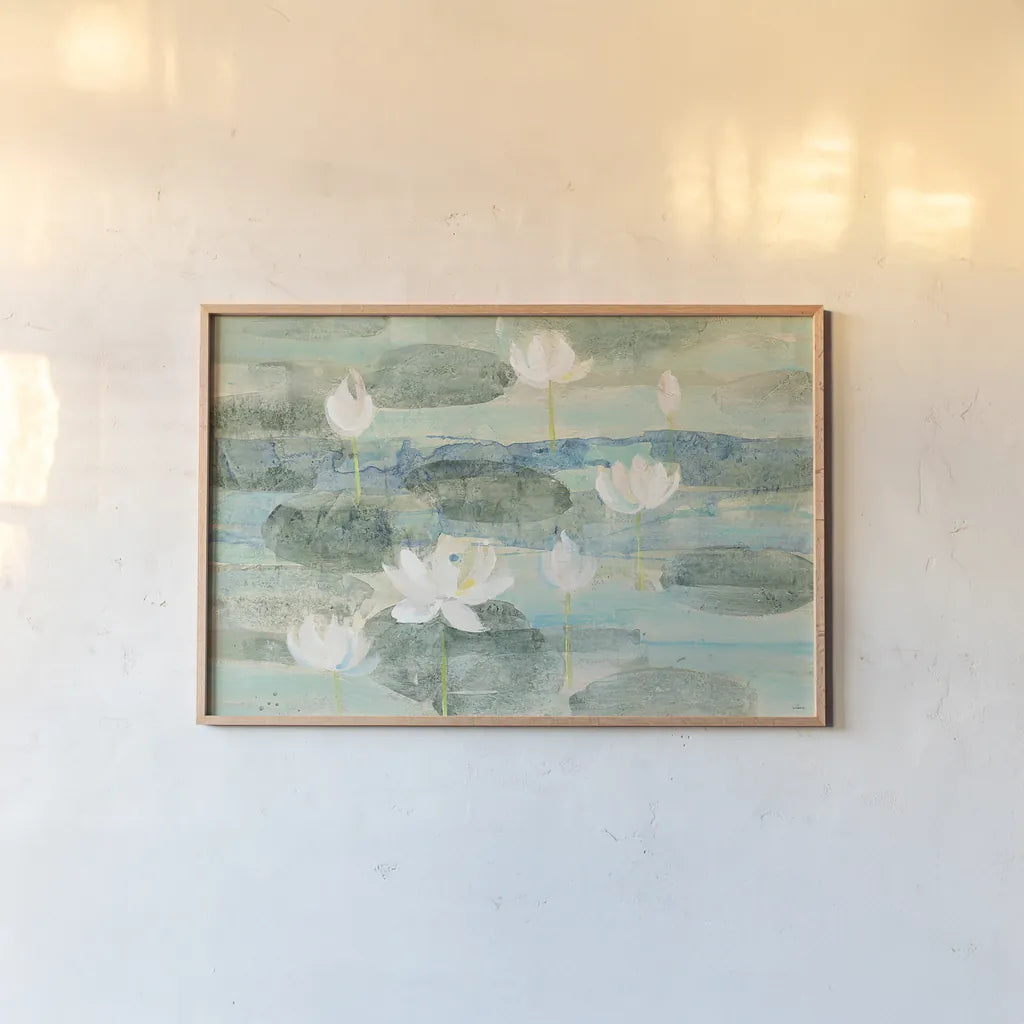 Water Lilies Bright by Albena Hristova. shown as a paper print in a natural frame. Available as a archival giclee rolled canvas, fine art paper, or poster print. SKU 29248i.