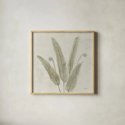 Watercolor Forest Ferns II v2 by Albena Hristova. Shown in a natural wood glass frame for a timeless modern aesthetic. Available as an archival giclee rolled canvas, fine art paper, or poster print. SKU 86702a.