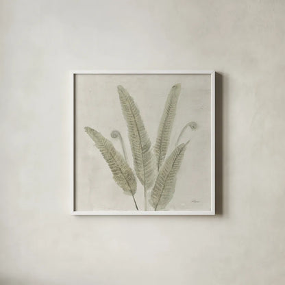 Watercolor Forest Ferns II v2 by Albena Hristova. Shown in a crisp white glass frame for a clean and minimalist style. Available as an archival giclee rolled canvas, fine art paper, or poster print. SKU 86702a.