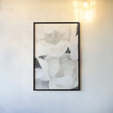 White Flowers on Black by Albena Hristova. shown as a paper print in a black flame. Available as a archival giclee rolled canvas, fine art paper, or poster print. SKU 80590h.