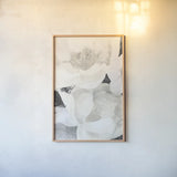 White Flowers on Black by Albena Hristova. shown as a paper print in a natural frame. Available as a archival giclee rolled canvas, fine art paper, or poster print. SKU 80590h.