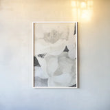 White Flowers on Black by Albena Hristova. shown as a paper print in a white frame. Available as a archival giclee rolled canvas, fine art paper, or poster print. SKU 80590h.