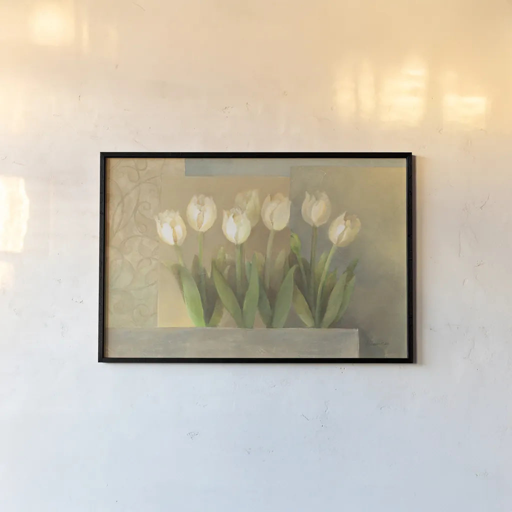 White Tulips Crop by Albena Hristova. shown as a paper print in a black flame. Available as a archival giclee rolled canvas, fine art paper, or poster print. SKU 6384i.