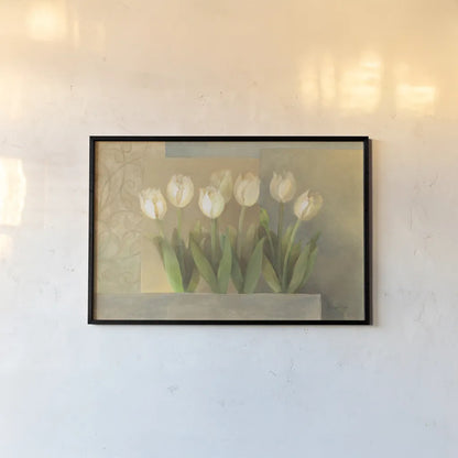 White Tulips Crop by Albena Hristova. shown as a paper print in a black flame. Available as a archival giclee rolled canvas, fine art paper, or poster print. SKU 6384i.