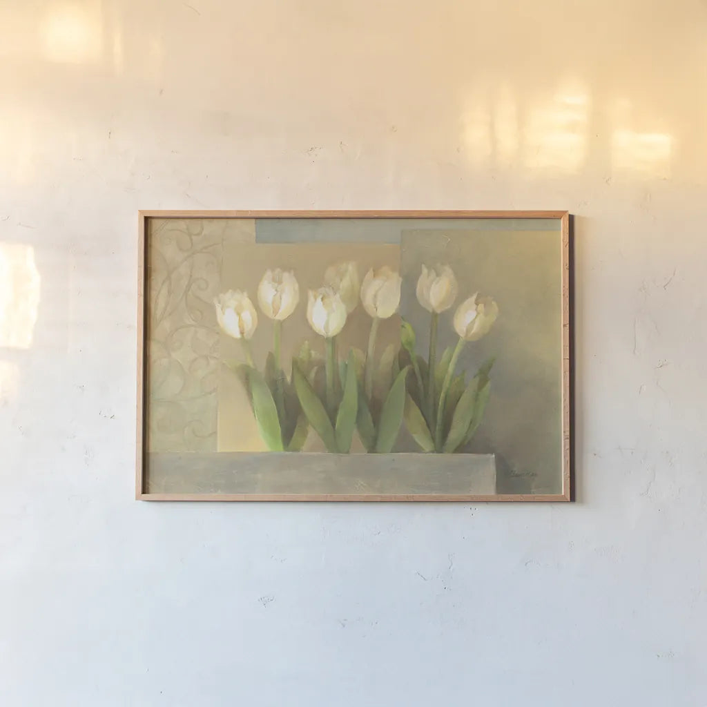 White Tulips Crop by Albena Hristova. shown as a paper print in a natural frame. Available as a archival giclee rolled canvas, fine art paper, or poster print. SKU 6384i.