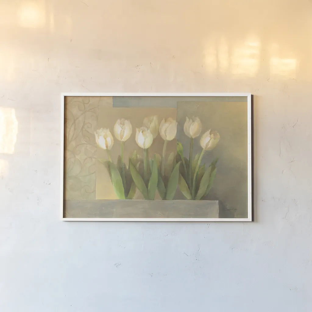 White Tulips Crop by Albena Hristova. shown as a paper print in a white frame. Available as a archival giclee rolled canvas, fine art paper, or poster print. SKU 6384i.