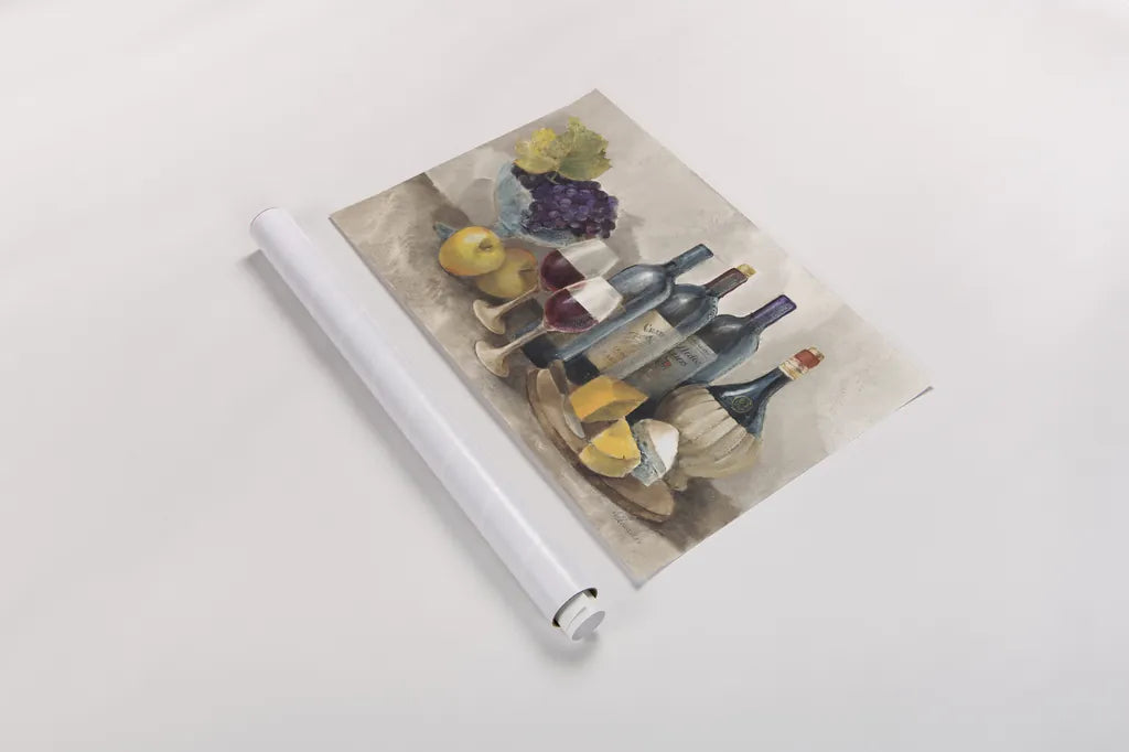 Wine and Fruit I v2 Light by Albena Hristova. shown as a rolled paper print. Available as archival giclee rolled canvas, fine art paper, or poster print. SKU 51870i.