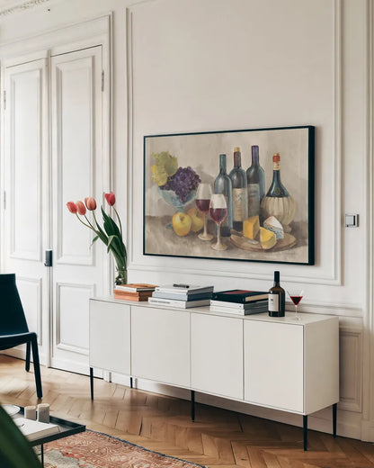 Wine and Fruit I v2 Light by Albena Hristova. shown as a framed stretched canvas in a living room above a console. Available as a archival giclee rolled canvas, fine art paper, or poster print. SKU 51870i.