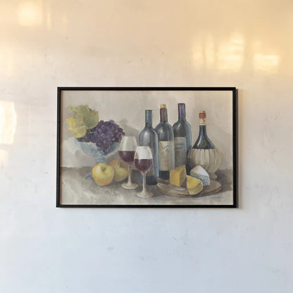 Wine and Fruit I v2 Light by Albena Hristova. shown as a paper print in a black flame. Available as a archival giclee rolled canvas, fine art paper, or poster print. SKU 51870i.