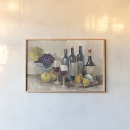 Wine and Fruit I v2 Light by Albena Hristova. shown as a paper print in a natural frame. Available as a archival giclee rolled canvas, fine art paper, or poster print. SKU 51870i.