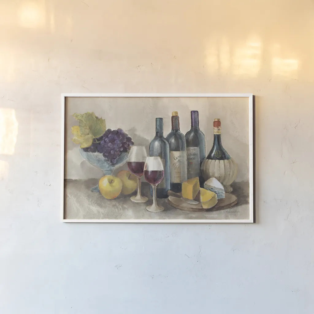 Wine and Fruit I v2 Light by Albena Hristova. shown as a paper print in a white frame. Available as a archival giclee rolled canvas, fine art paper, or poster print. SKU 51870i.