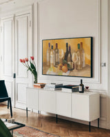Wine and Fruit II v2 by Albena Hristova. shown as a framed stretched canvas in a living room above a console. Available as a archival giclee rolled canvas, fine art paper, or poster print. SKU 49938i.