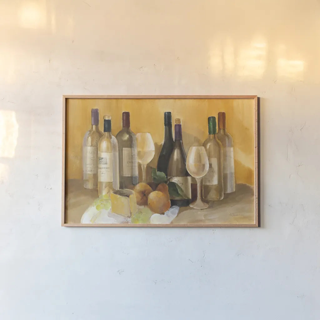 Wine and Fruit II v2 by Albena Hristova. shown as a paper print in a natural frame. Available as a archival giclee rolled canvas, fine art paper, or poster print. SKU 49938i.