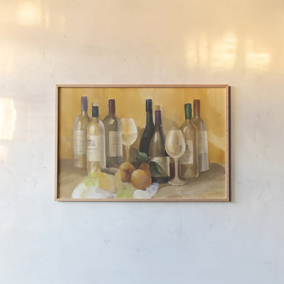 Wine and Fruit II v2 by Albena Hristova. shown as a paper print in a natural frame. Available as a archival giclee rolled canvas, fine art paper, or poster print. SKU 49938i.