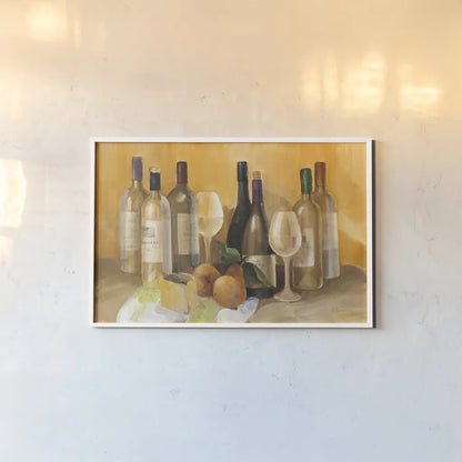 Wine and Fruit II v2 by Albena Hristova. shown as a paper print in a white frame. Available as a archival giclee rolled canvas, fine art paper, or poster print. SKU 49938i.