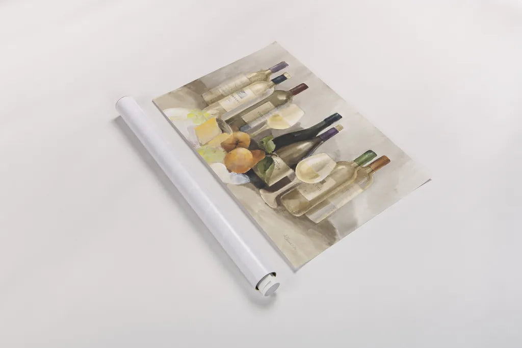 Wine and Fruit II v2 Light by Albena Hristova. shown as a rolled paper print. Available as archival giclee rolled canvas, fine art paper, or poster print. SKU 51871i.