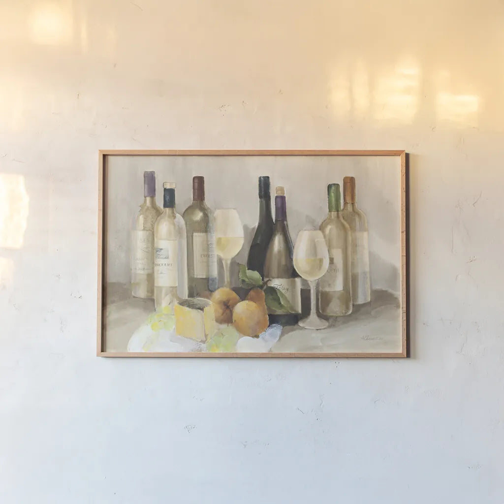 Wine and Fruit II v2 Light by Albena Hristova. shown as a paper print in a natural frame. Available as a archival giclee rolled canvas, fine art paper, or poster print. SKU 51871i.