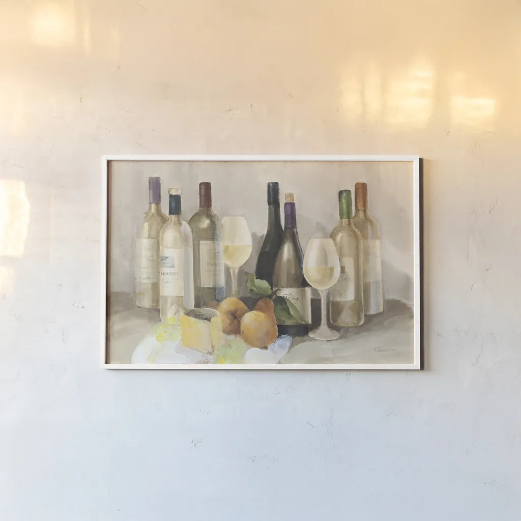 Wine and Fruit II v2 Light by Albena Hristova. shown as a paper print in a white frame. Available as a archival giclee rolled canvas, fine art paper, or poster print. SKU 51871i.
