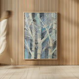 Winter Birches I by Albena Hristova. shown as over sized large wall art. Available as an archival giclee rolled canvas, fine art paper, or poster print. SKU 23891h.