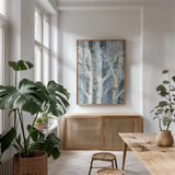 Winter Birches I by Albena Hristova. shown as a print in a natural wood frame in a dining room. Available as a archival giclee rolled canvas, fine art paper, or poster print. SKU 23891h.