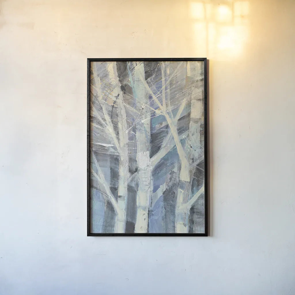 Winter Birches I by Albena Hristova. shown as a paper print in a black flame. Available as a archival giclee rolled canvas, fine art paper, or poster print. SKU 23891h.