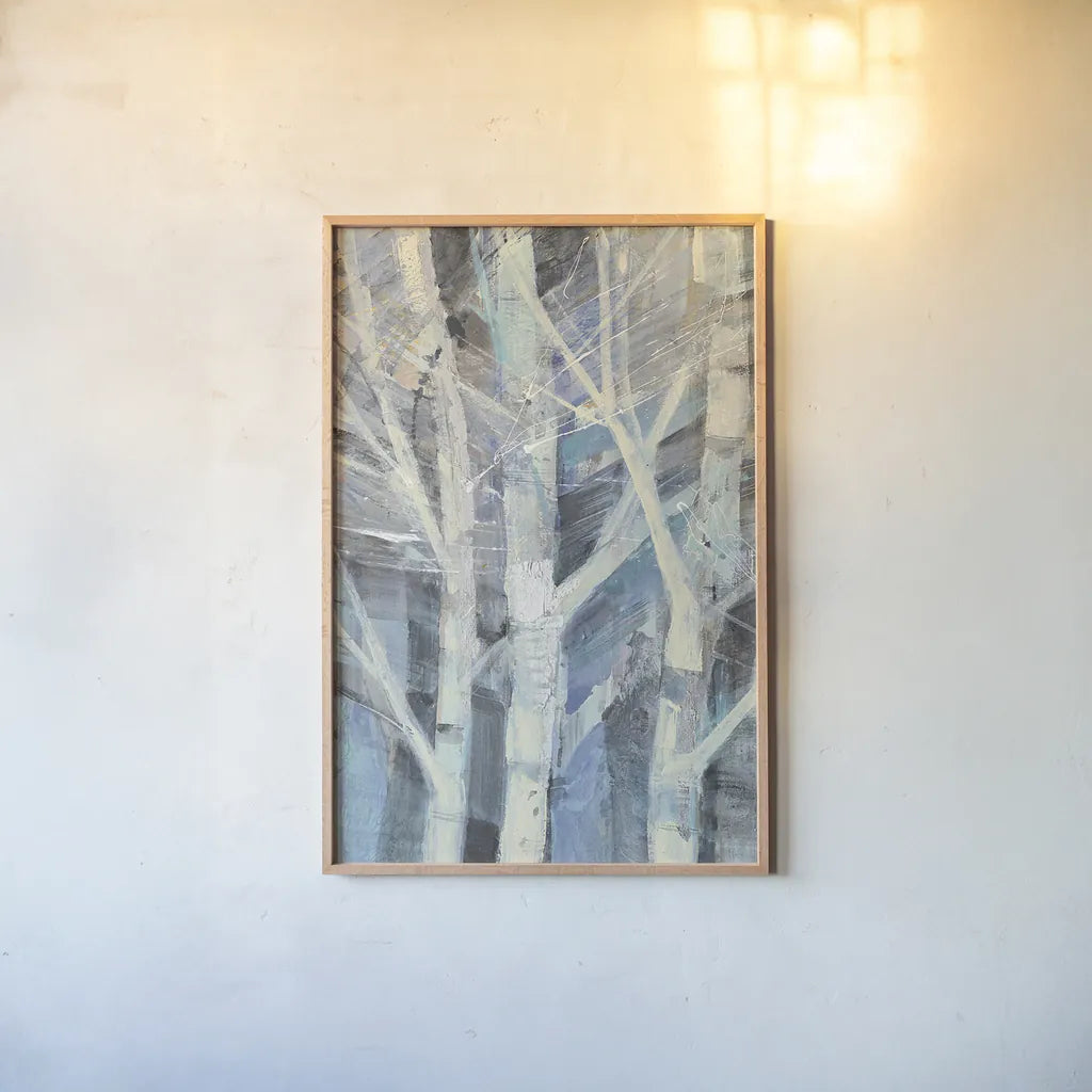 Winter Birches I by Albena Hristova. shown as a paper print in a natural frame. Available as a archival giclee rolled canvas, fine art paper, or poster print. SKU 23891h.