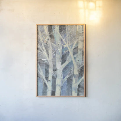 Winter Birches I by Albena Hristova. shown as a paper print in a natural frame. Available as a archival giclee rolled canvas, fine art paper, or poster print. SKU 23891h.