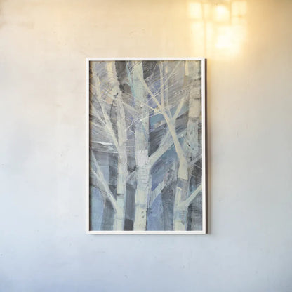 Winter Birches I by Albena Hristova. shown as a paper print in a white frame. Available as a archival giclee rolled canvas, fine art paper, or poster print. SKU 23891h.