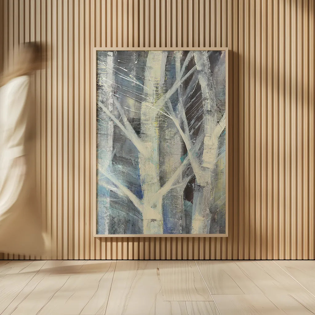 Winter Birches II by Albena Hristova. shown as over sized large wall art. Available as an archival giclee rolled canvas, fine art paper, or poster print. SKU 23892h.