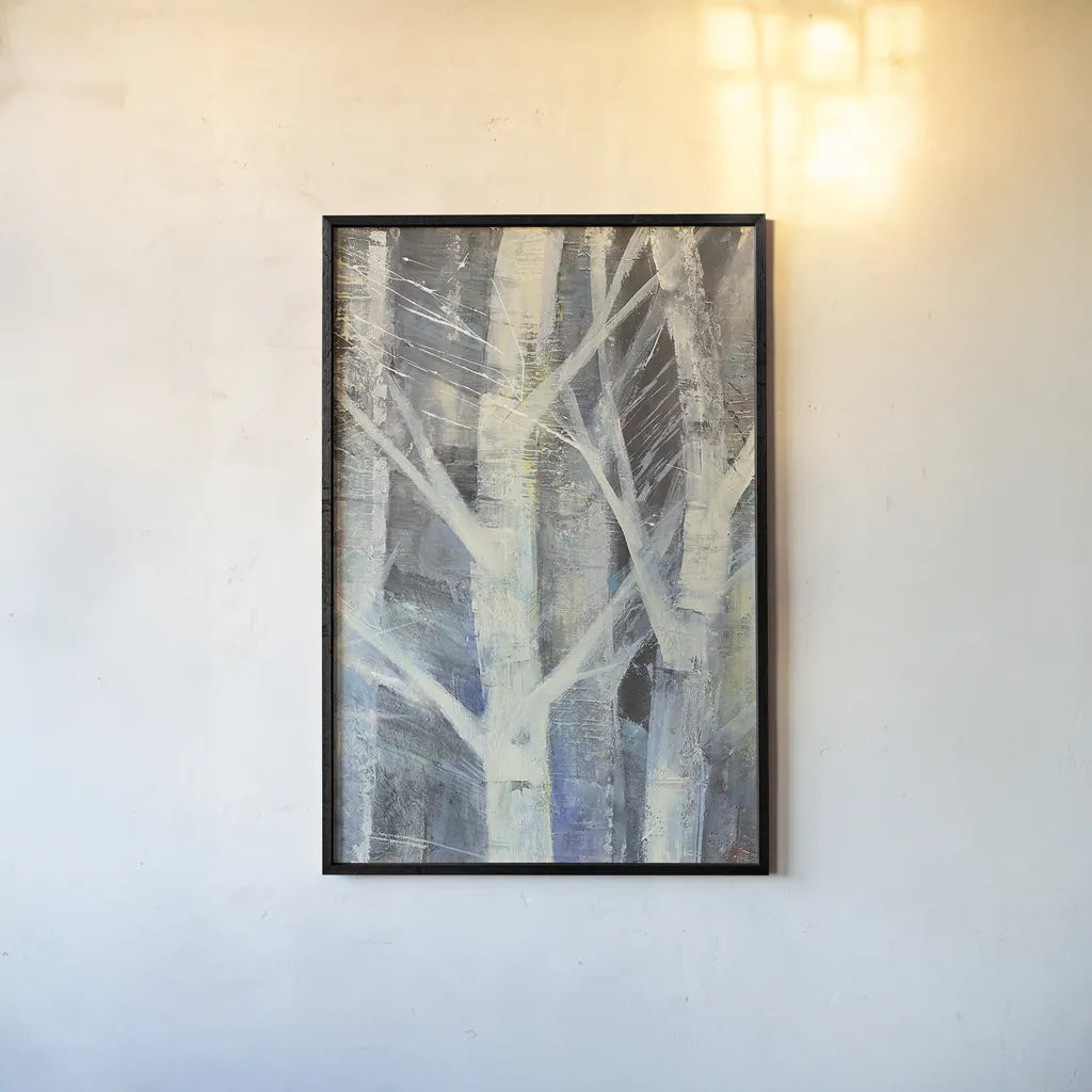 Winter Birches II by Albena Hristova. shown as a paper print in a black flame. Available as a archival giclee rolled canvas, fine art paper, or poster print. SKU 23892h.