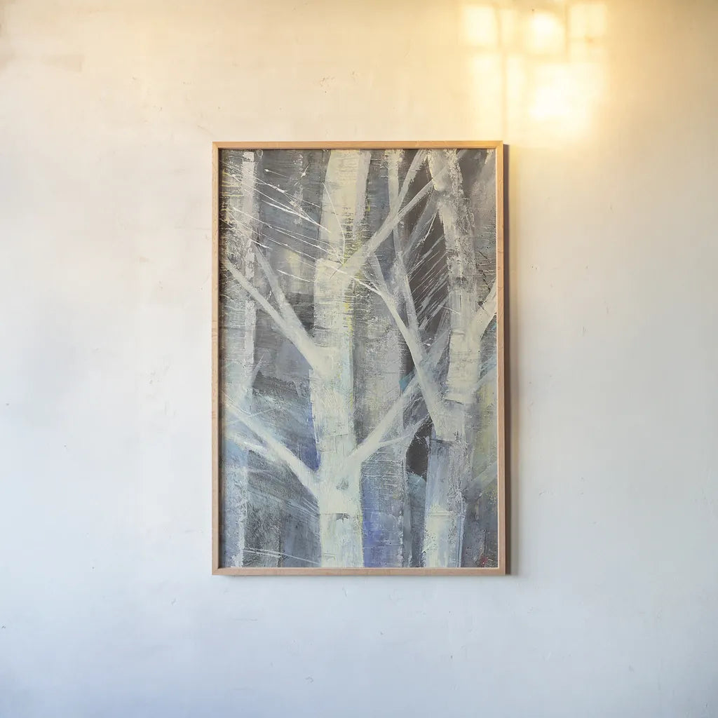 Winter Birches II by Albena Hristova. shown as a paper print in a natural frame. Available as a archival giclee rolled canvas, fine art paper, or poster print. SKU 23892h.