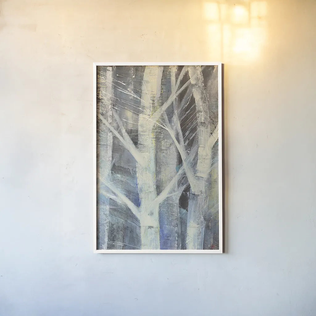 Winter Birches II by Albena Hristova. shown as a paper print in a white frame. Available as a archival giclee rolled canvas, fine art paper, or poster print. SKU 23892h.
