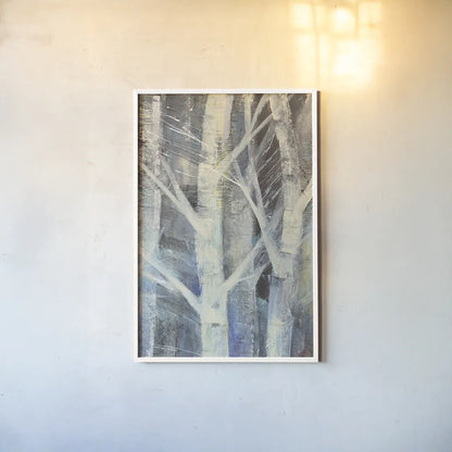 Winter Birches II by Albena Hristova. shown as a paper print in a white frame. Available as a archival giclee rolled canvas, fine art paper, or poster print. SKU 23892h.