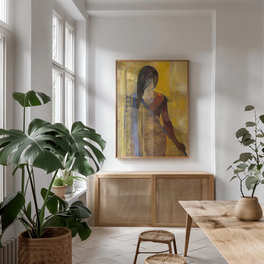 Women of the World I by Albena Hristova. shown as a print in a natural wood frame in a dining room. Available as a archival giclee rolled canvas, fine art paper, or poster print. SKU 71614h.