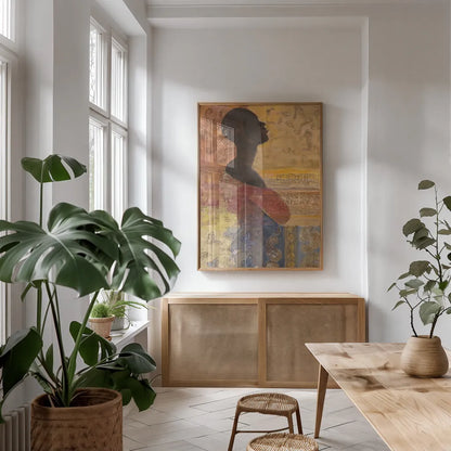 Women of the World III by Albena Hristova. shown as a print in a natural wood frame in a dining room. Available as a archival giclee rolled canvas, fine art paper, or poster print. SKU 71616h.