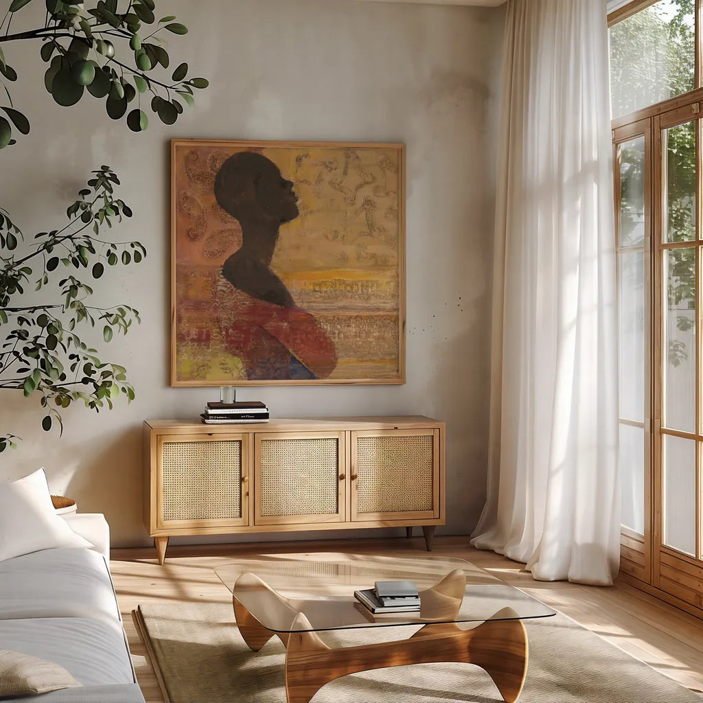 Women of the World III Crop by Albena Hristova. Shown in a natural wood frame in a cozy modern living room. Available as an archival giclee rolled canvas, fine art paper, or poster print. SKU 71616a.