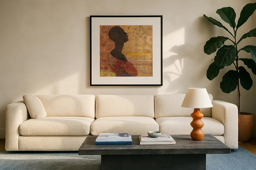 Women of the World III Crop by Albena Hristova. Displayed in a glass frame with matte in a clean modern living room. Available as an archival giclee rolled canvas, fine art paper, or poster print. SKU 71616a.